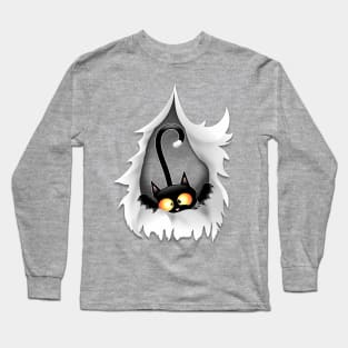 Fun Cat Cartoon in ripped fabric Hole Long Sleeve T-Shirt